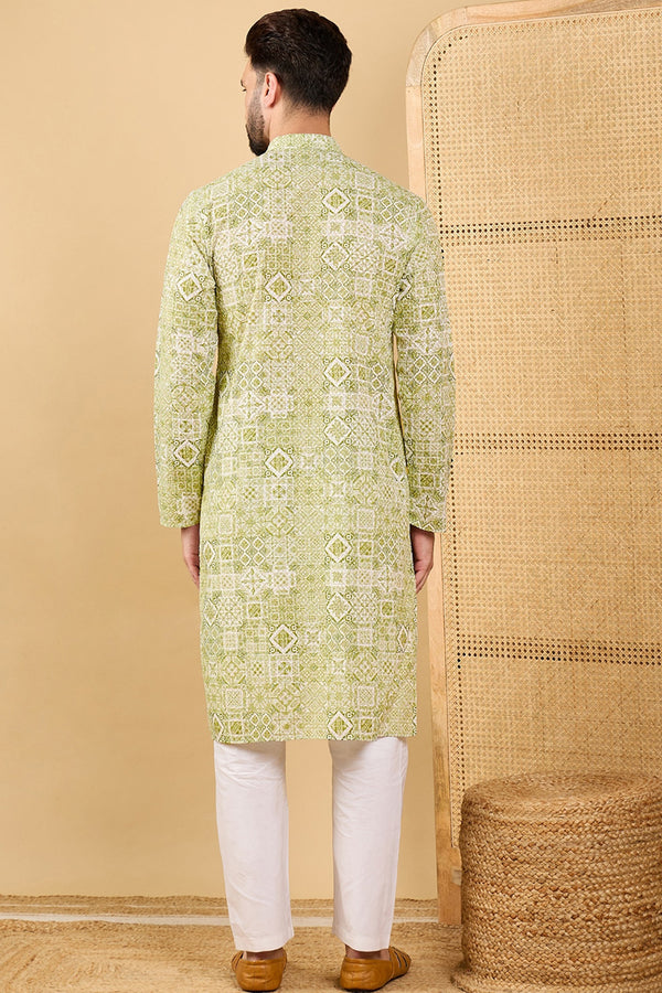 Olive Viscose Rayon Geometric Embroidered Straight Kurta with Trouser MKSET1041