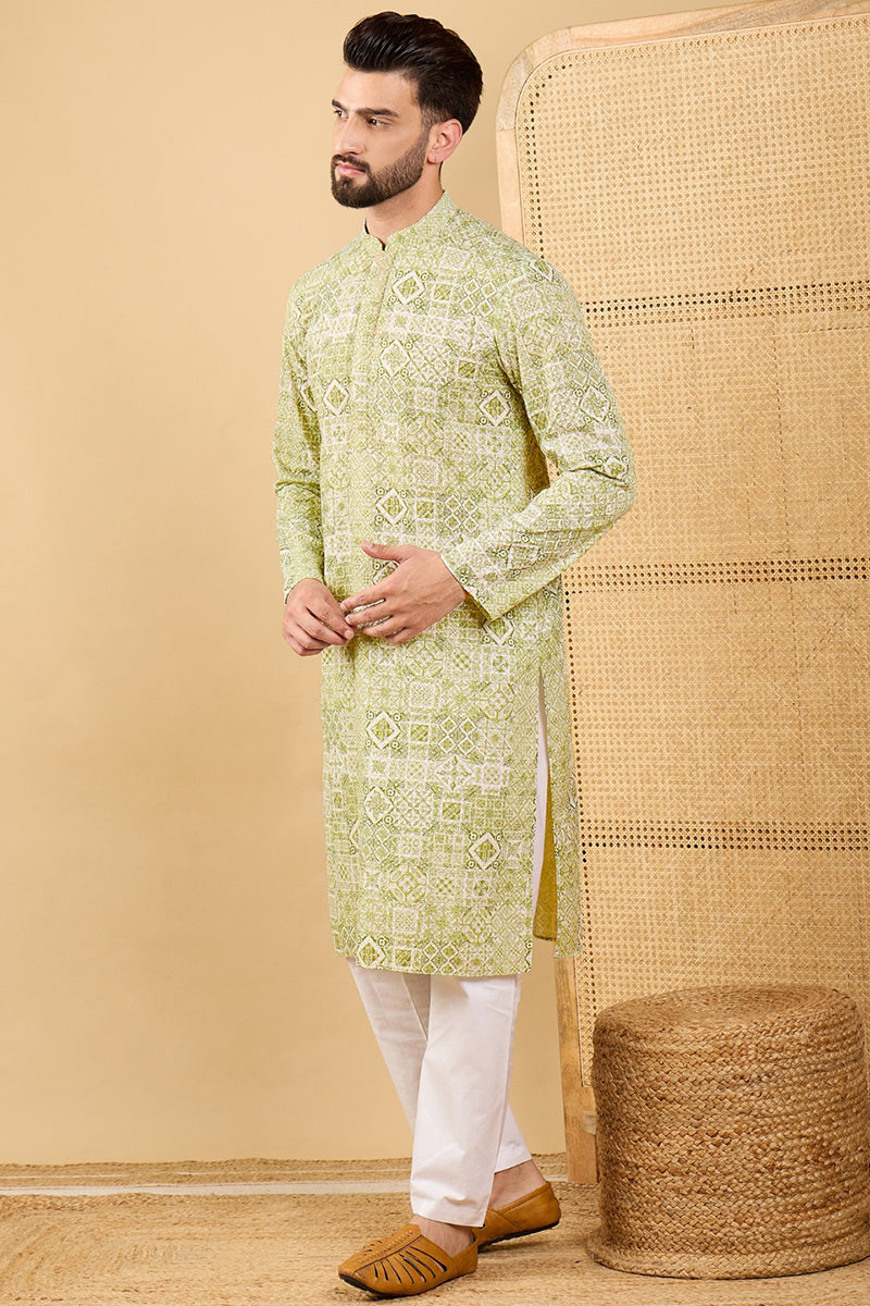 Ethnic Bay Olive Green Viscose Rayon Geometric Embroidered Straight Chikankari Kurta MKU1041