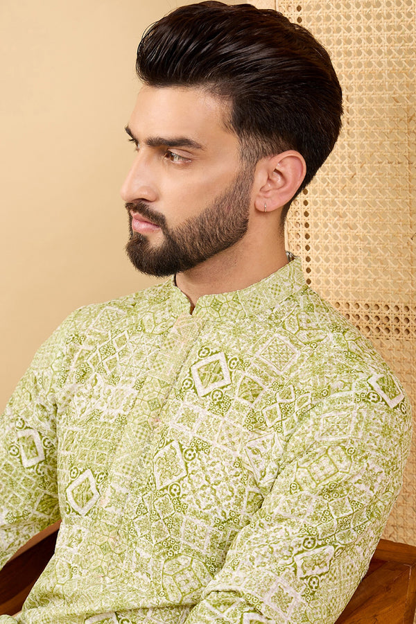 Ethnic Bay Olive Green Viscose Rayon Geometric Embroidered Straight Chikankari Kurta MKU1041