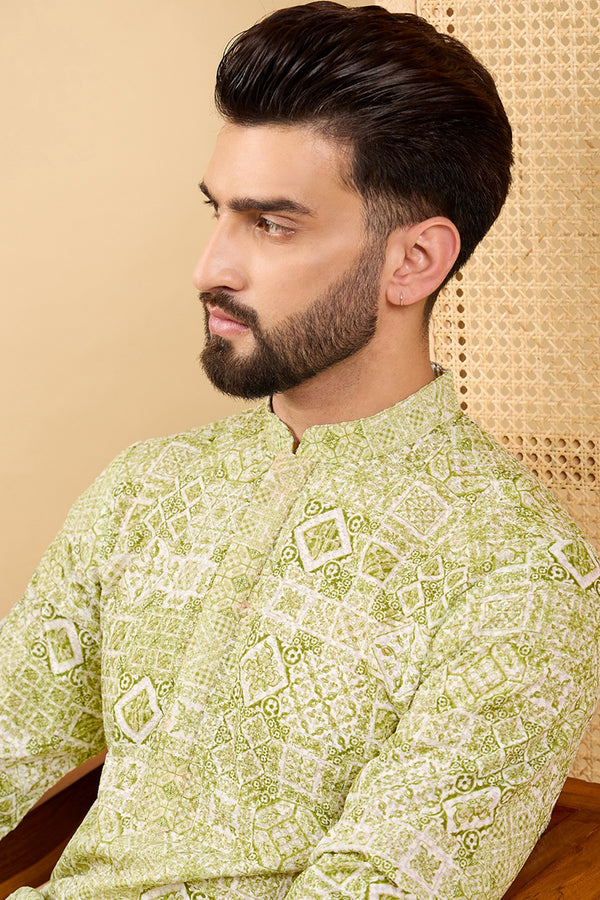 Olive Viscose Rayon Geometric Embroidered Straight Kurta with Trouser MKSET1041