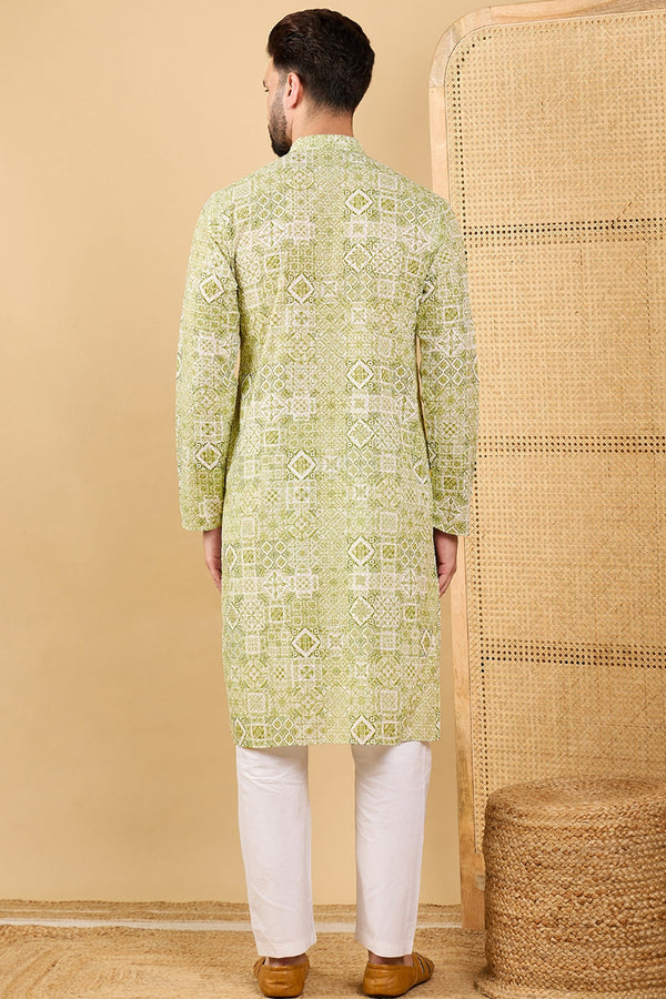Ethnic Bay Olive Green Viscose Rayon Geometric Embroidered Straight Chikankari Kurta MKU1041
