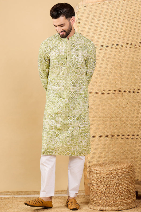 Olive Viscose Rayon Geometric Embroidered Straight Kurta with Trouser MKSET1041