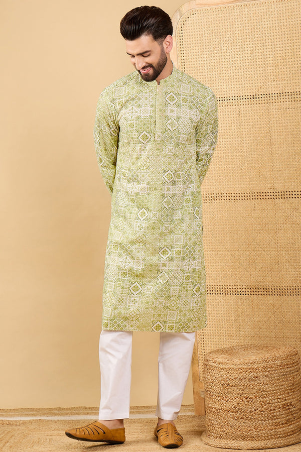 Ethnic Bay Olive Green Viscose Rayon Geometric Embroidered Straight Chikankari Kurta MKU1041