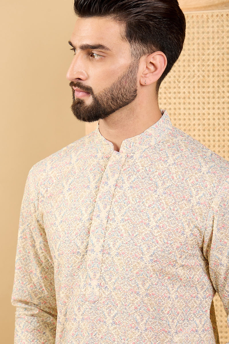 Ethnic Bay Cream Viscose Rayon Floral Embroidered Straight Chikankari Kurta MKU1042
