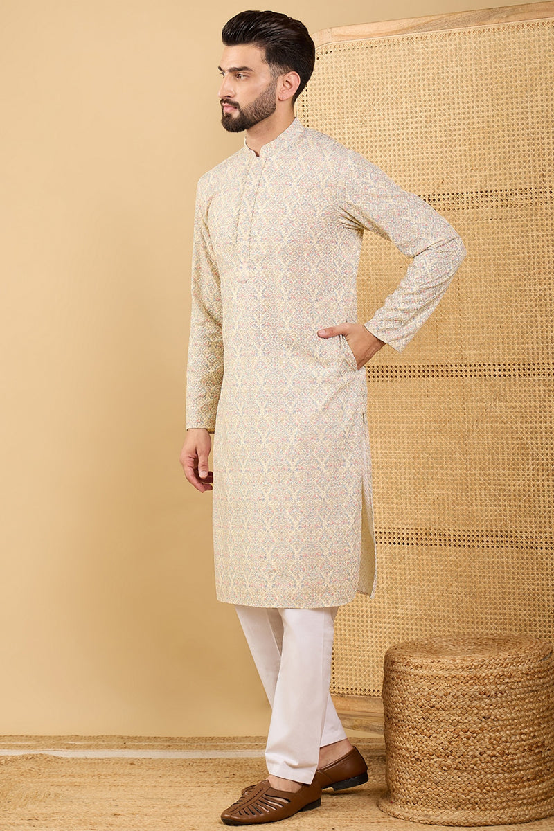 Ethnic Bay Cream Viscose Rayon Floral Embroidered Straight Chikankari Kurta MKU1042