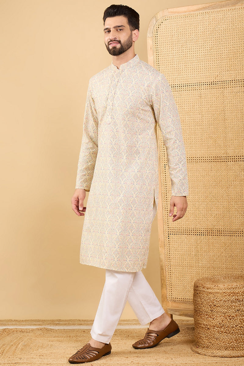 Ethnic Bay Cream Viscose Rayon Floral Embroidered Straight Chikankari Kurta MKU1042