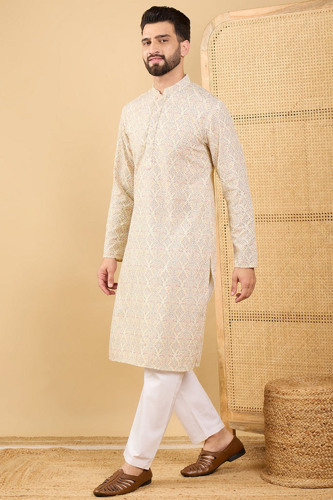 Ethnic Bay Cream Viscose Rayon Floral Embroidered Straight Chikankari Kurta MKU1042