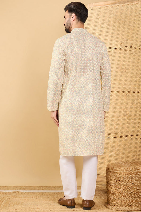 Ethnic Bay Cream Viscose Rayon Floral Embroidered Straight Chikankari Kurta MKU1042