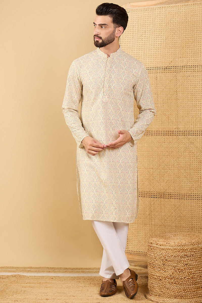 Ethnic Bay Cream Viscose Rayon Floral Embroidered Straight Chikankari Kurta MKU1042