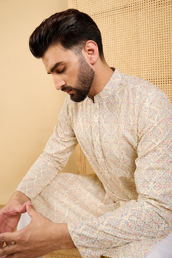 Ethnic Bay Cream Viscose Rayon Floral Embroidered Straight Chikankari Kurta MKU1042