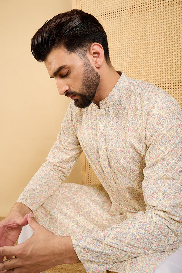 Ethnic Bay Cream Viscose Rayon Floral Embroidered Straight Chikankari Kurta MKU1042