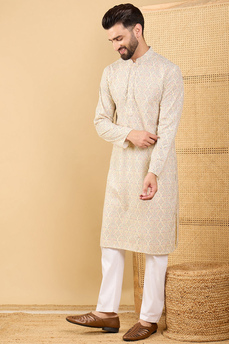 Ethnic Bay Cream Viscose Rayon Floral Embroidered Straight Chikankari Kurta MKU1042