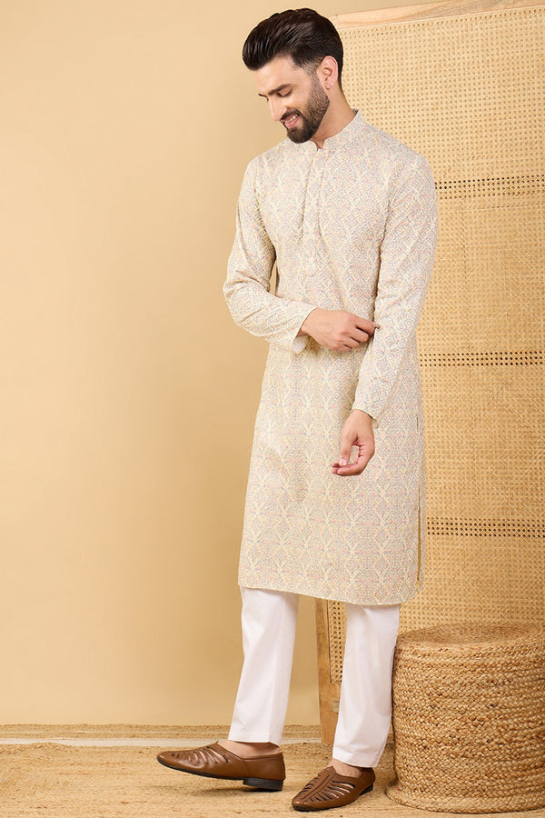 Ethnic Bay Cream Viscose Rayon Floral Embroidered Straight Chikankari Kurta MKU1042