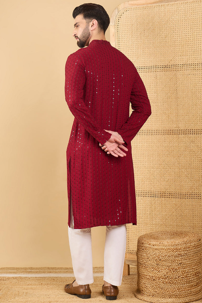 Ethnic Bay Maroon Viscose Rayon Solid Embroidered Straight Chikankari Kurta MKU1043