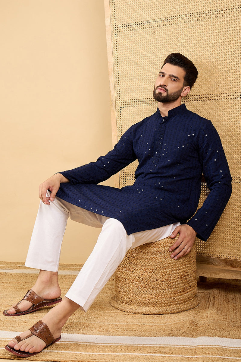 Ethnic Bay Navy Blue Viscose Rayon Solid Embroidered Straight Chikankari Kurta MKU1045