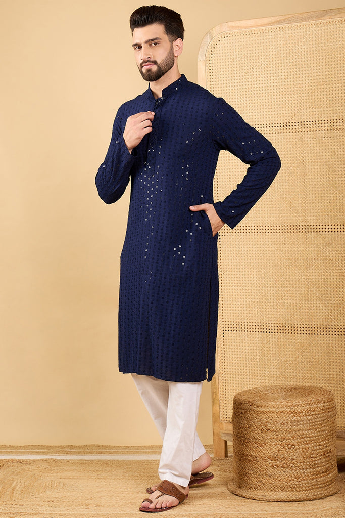 Ethnic Bay Navy Blue Viscose Rayon Solid Embroidered Straight Chikankari Kurta MKU1045