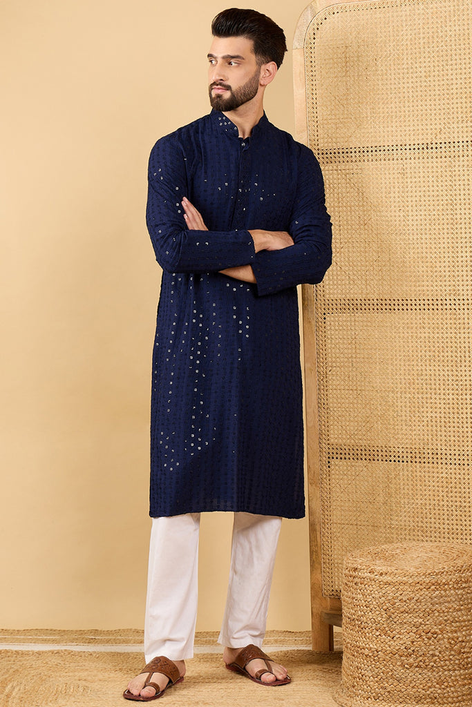 Ethnic Bay Navy Blue Viscose Rayon Solid Embroidered Straight Chikankari Kurta MKU1045