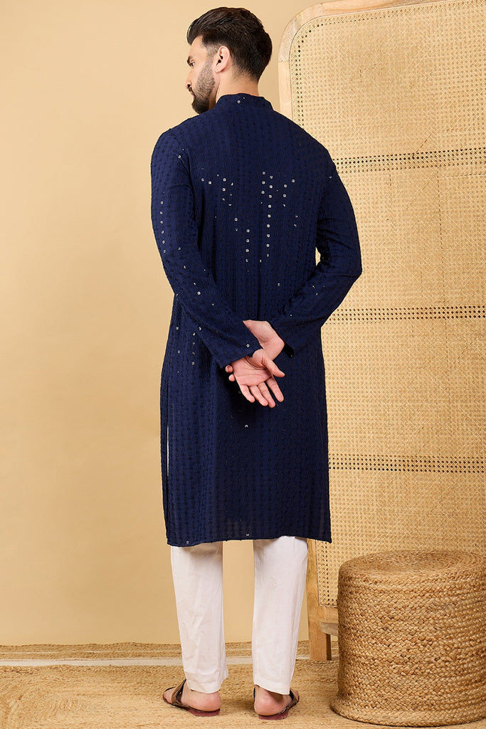 Ethnic Bay Navy Blue Viscose Rayon Solid Embroidered Straight Chikankari Kurta MKU1045