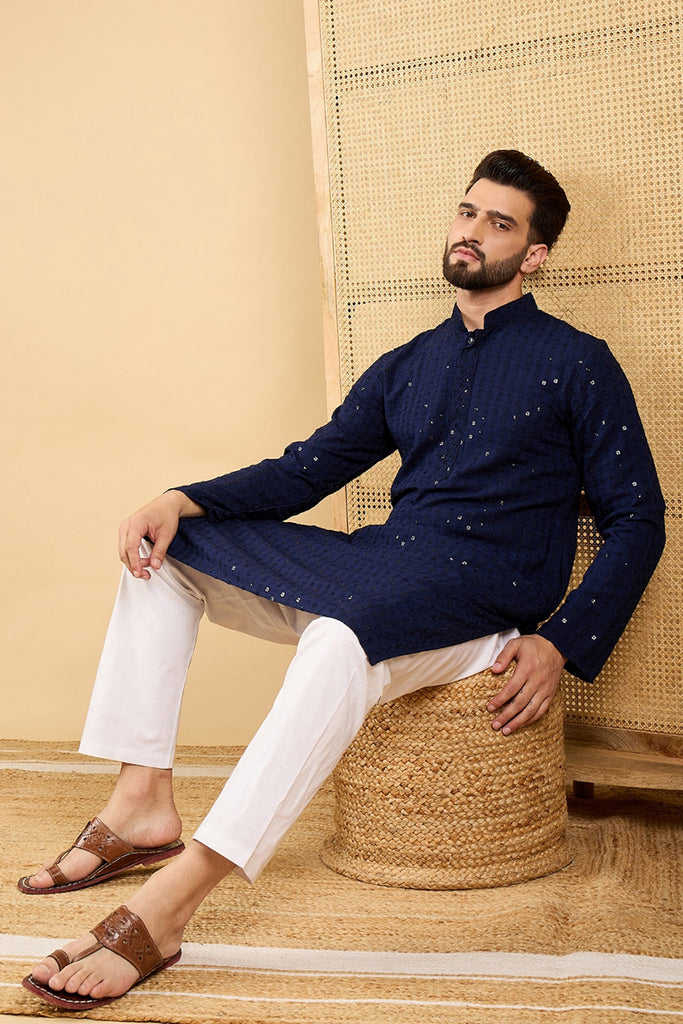 Ethnic Bay Navy Blue Viscose Rayon Solid Embroidered Straight Chikankari Kurta MKU1045