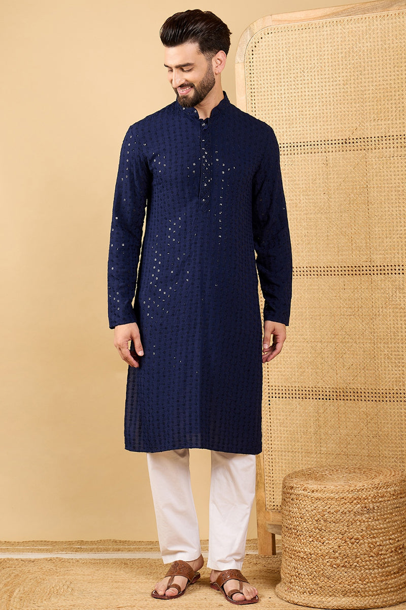 Ethnic Bay Navy Blue Viscose Rayon Solid Embroidered Straight Chikankari Kurta MKU1045