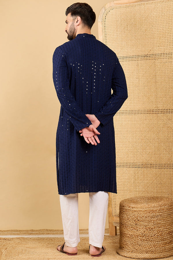 Ethnic Bay Navy Blue Viscose Rayon Solid Embroidered Straight Chikankari Kurta MKU1045