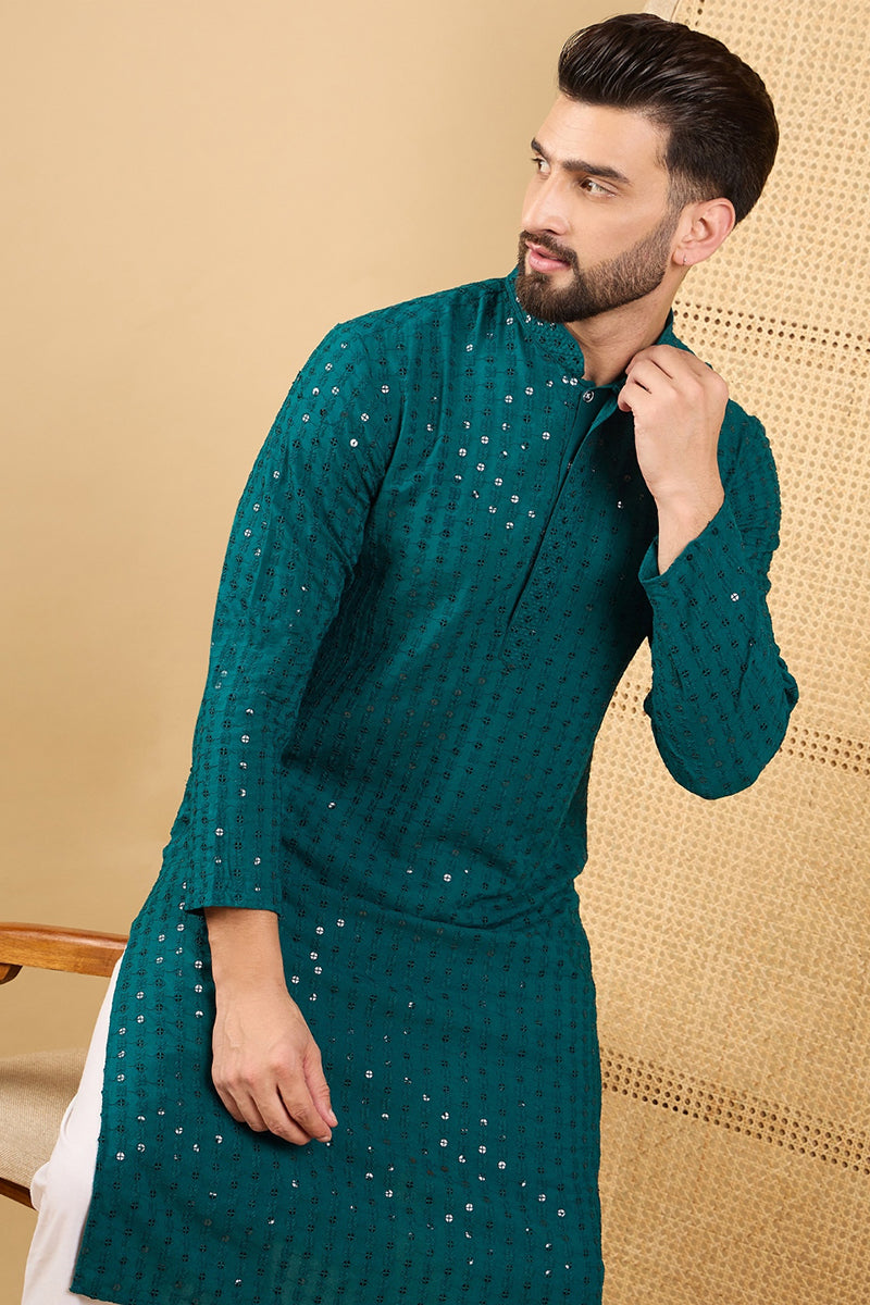 Ethnic Bay Teal Green Viscose Rayon Solid Embroidered Straight Chikankari Kurta MKU1046