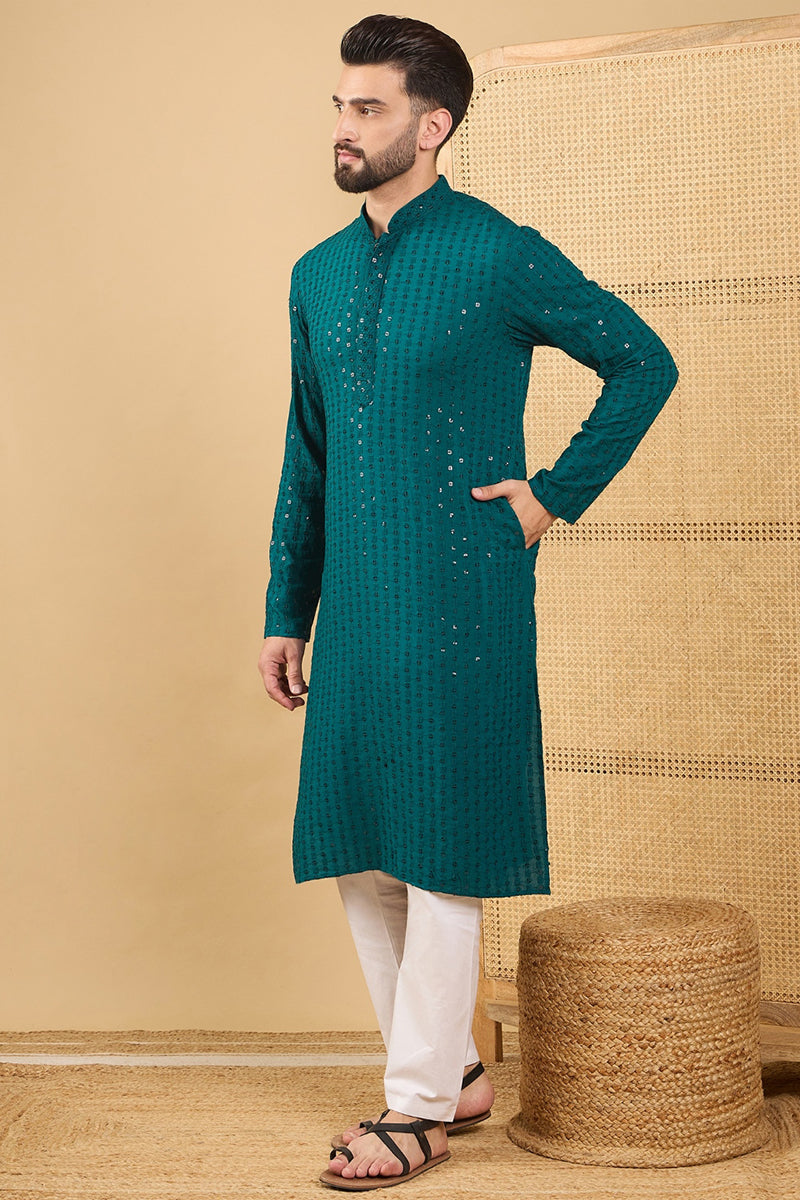 Ethnic Bay Teal Green Viscose Rayon Solid Embroidered Straight Chikankari Kurta MKU1046