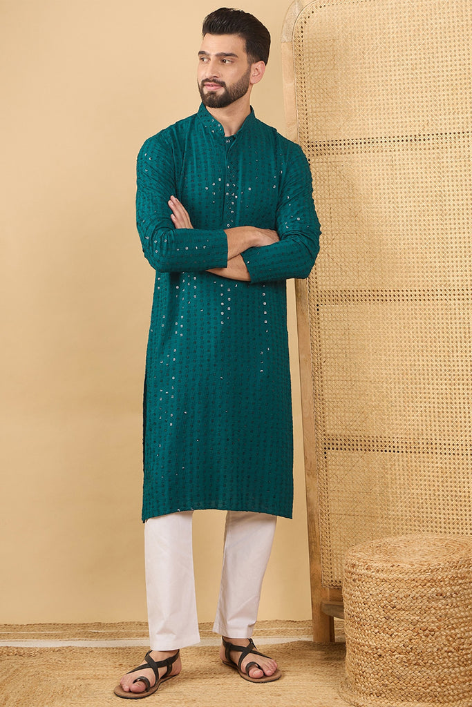 Ethnic Bay Teal Green Viscose Rayon Solid Embroidered Straight Chikankari Kurta MKU1046