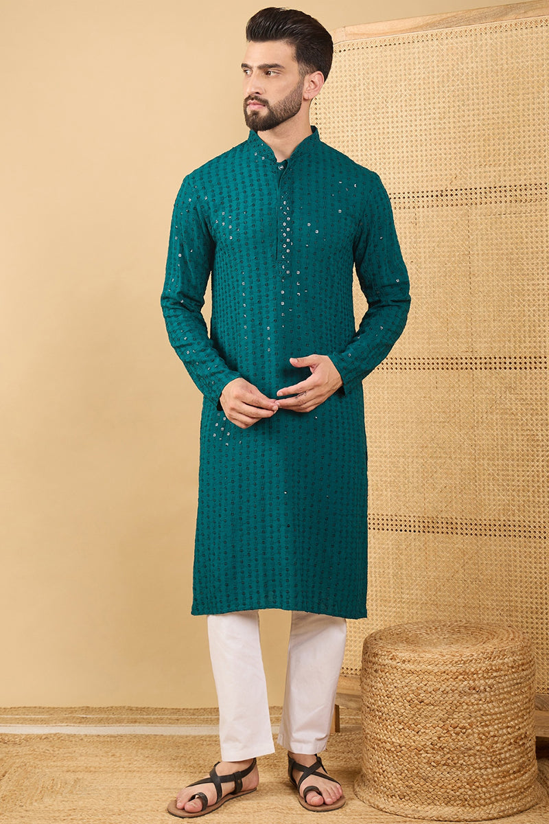 Ethnic Bay Teal Green Viscose Rayon Solid Embroidered Straight Chikankari Kurta MKU1046