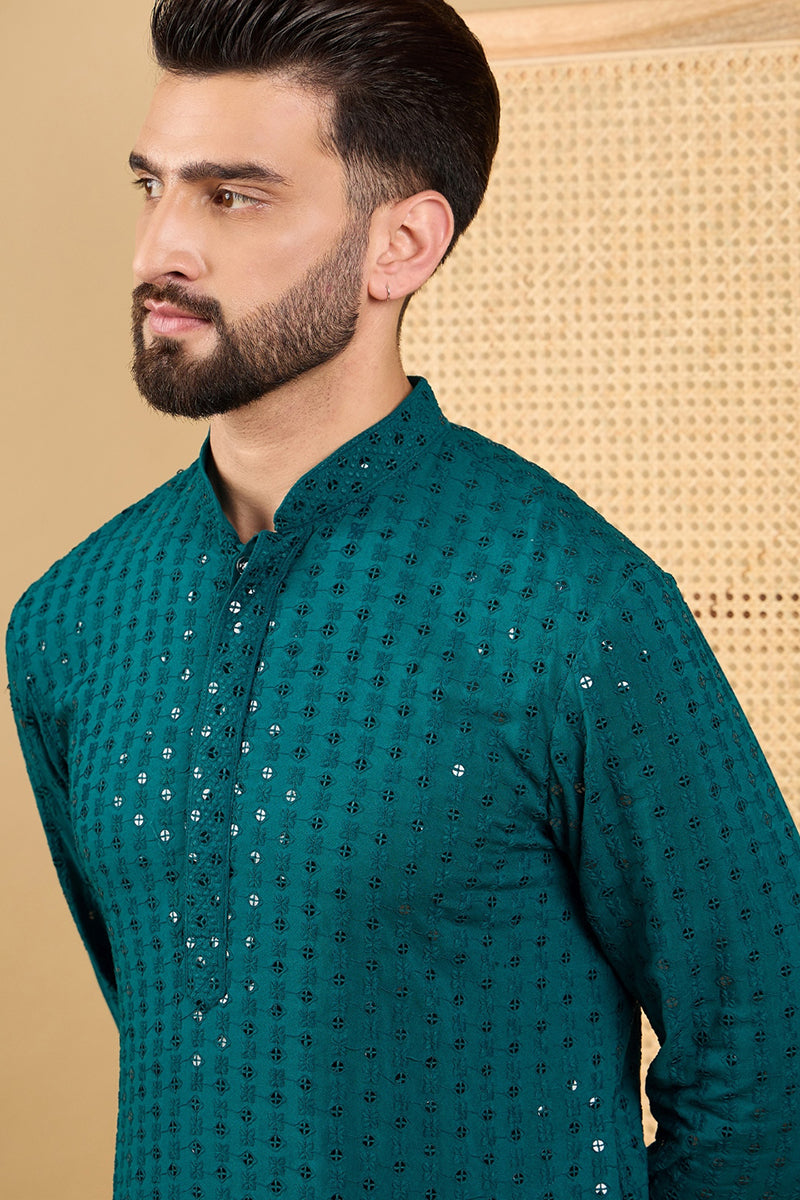 Ethnic Bay Teal Green Viscose Rayon Solid Embroidered Straight Chikankari Kurta MKU1046