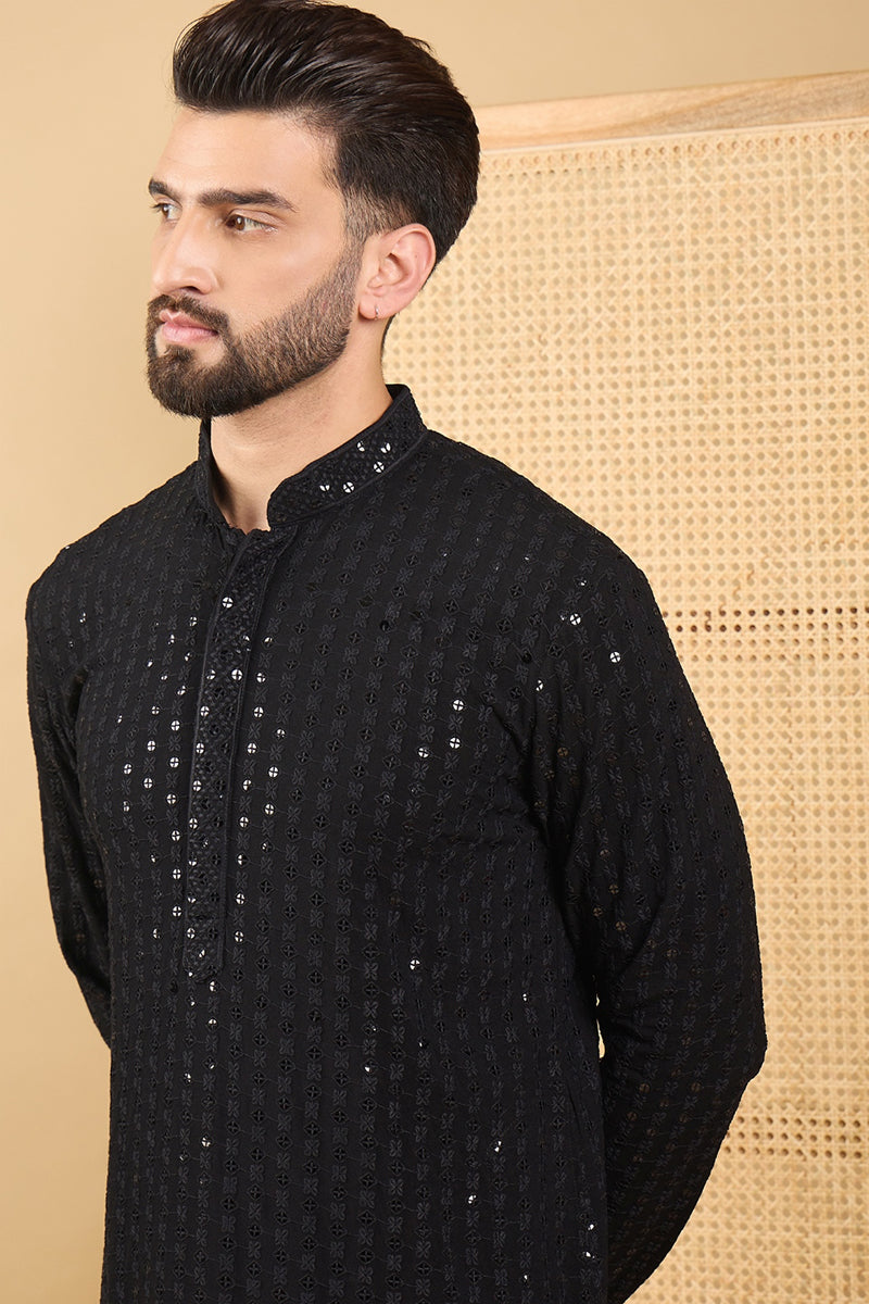 Ethnic Bay Black Viscose Rayon Solid Embroidered Straight Chikankari Kurta MKU1047