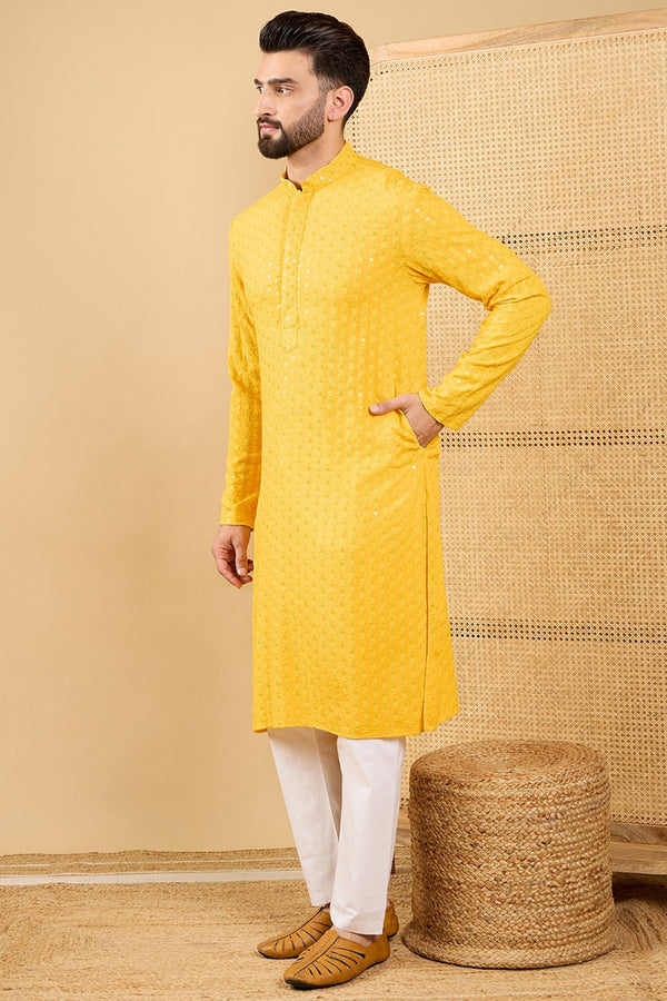 Yellow Viscose Rayon Solid Embroidered Straight Kurta with Trousers MKSET1048