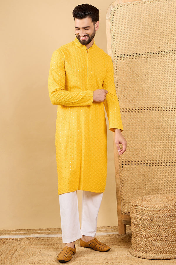Yellow Viscose Rayon Solid Embroidered Straight Kurta with Trousers MKSET1048