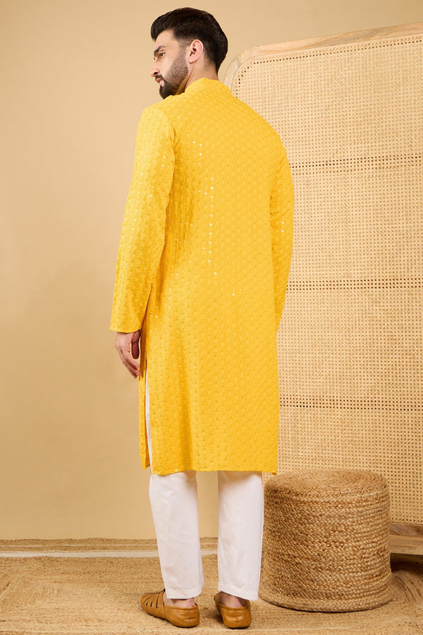 Yellow Viscose Rayon Solid Embroidered Straight Kurta with Trousers MKSET1048