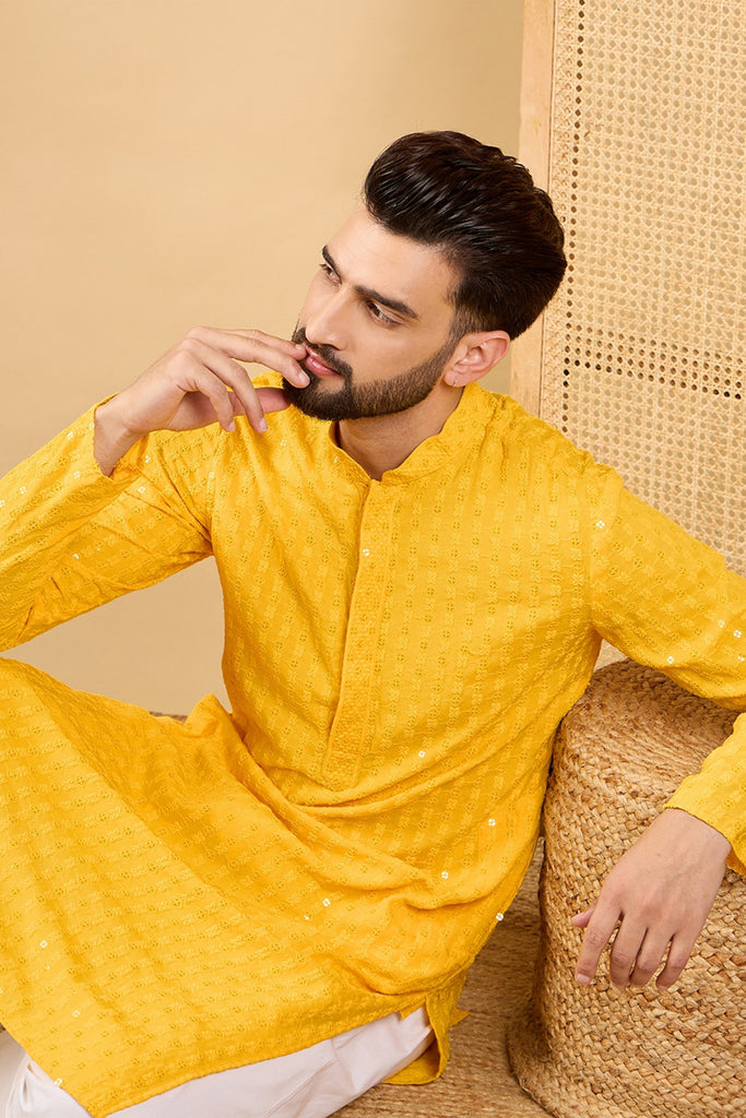 Ethnic Bay Yellow Viscose Rayon Solid Embroidered Straight Chikankari Kurta MKU1048