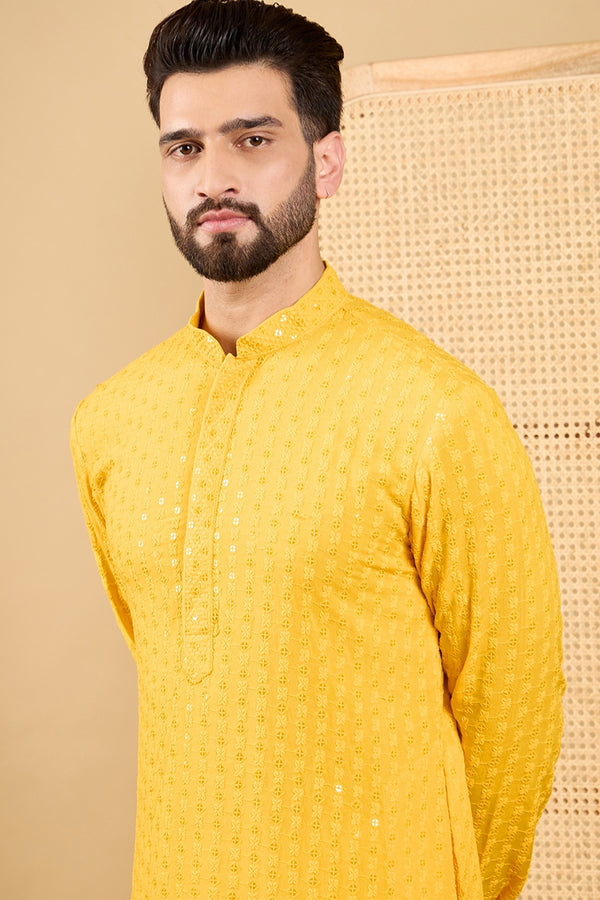 Yellow Viscose Rayon Solid Embroidered Straight Kurta with Trousers MKSET1048