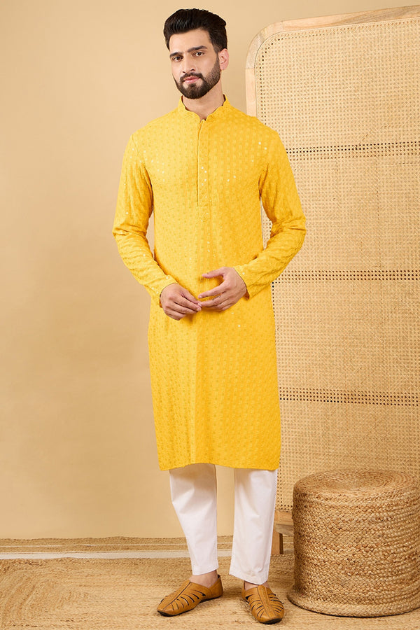 Yellow Viscose Rayon Solid Embroidered Straight Kurta with Trousers MKSET1048