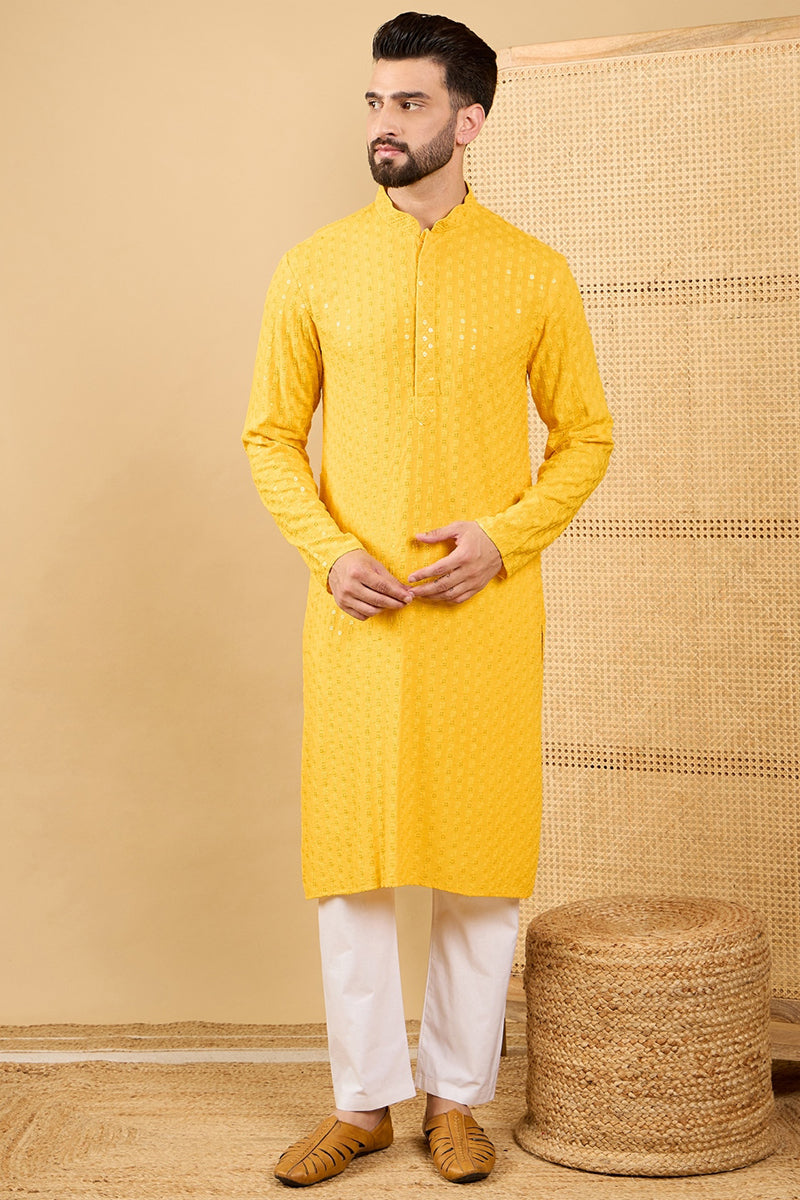 Yellow Viscose Rayon Solid Embroidered Straight Kurta with Trousers MKSET1048