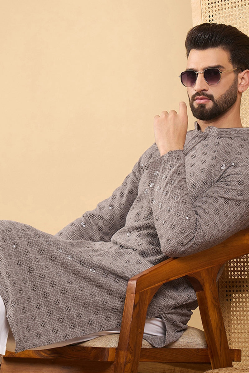 Ethnic Bay Grey Viscose Rayon Solid Embroidered Straight Chikankari Kurta MKU1049