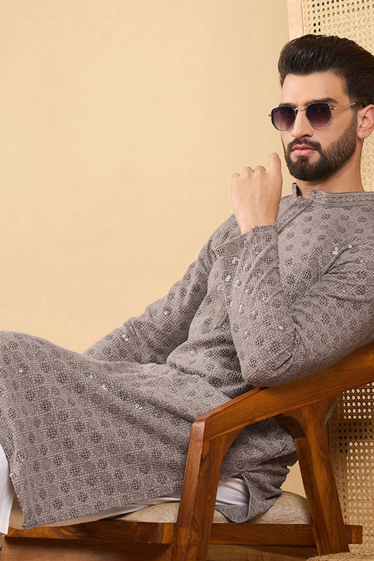Ethnic Bay Grey Viscose Rayon Solid Embroidered Straight Chikankari Kurta MKU1049