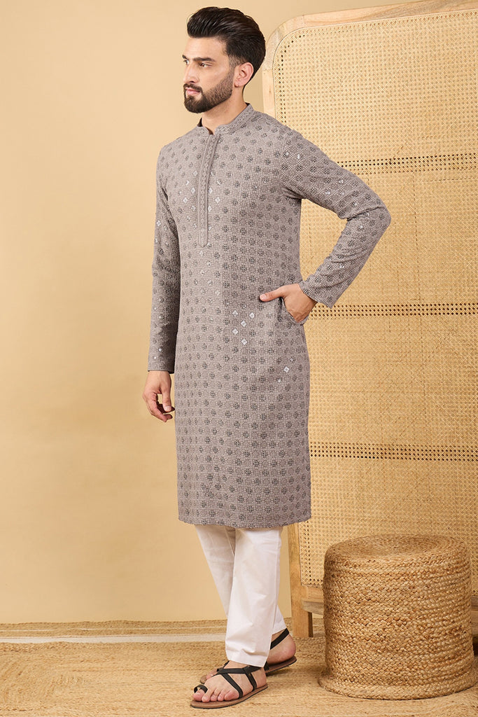 Grey Viscose Rayon Solid Embroidered Straight Kurta with Trouser MKSET1049