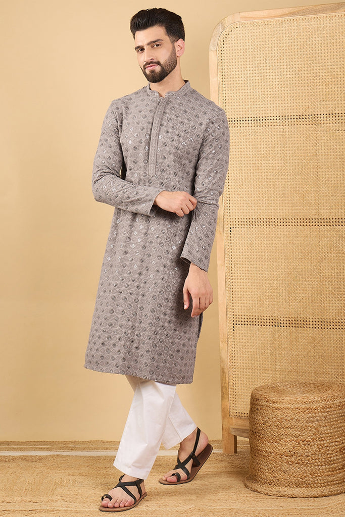 Grey Viscose Rayon Solid Embroidered Straight Kurta with Trouser MKSET1049