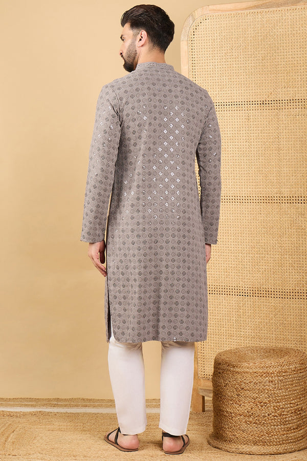 Grey Viscose Rayon Solid Embroidered Straight Kurta with Trouser MKSET1049