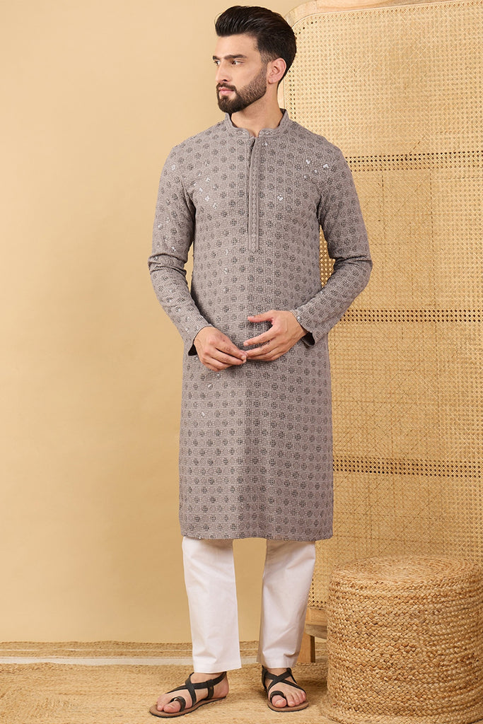 Ethnic Bay Grey Viscose Rayon Solid Embroidered Straight Chikankari Kurta MKU1049