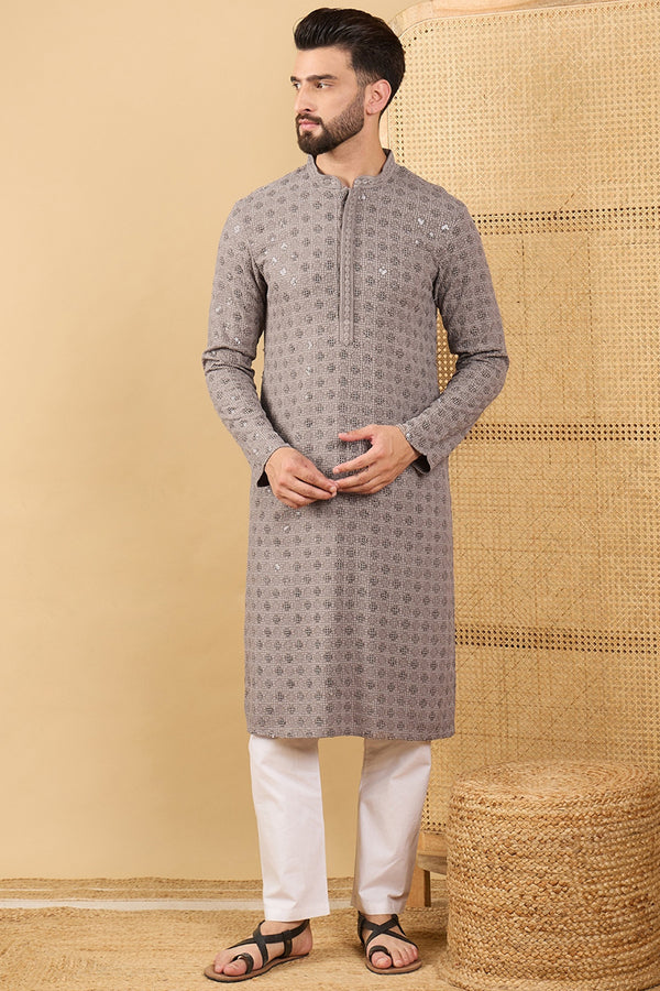 Grey Viscose Rayon Solid Embroidered Straight Kurta with Trouser MKSET1049