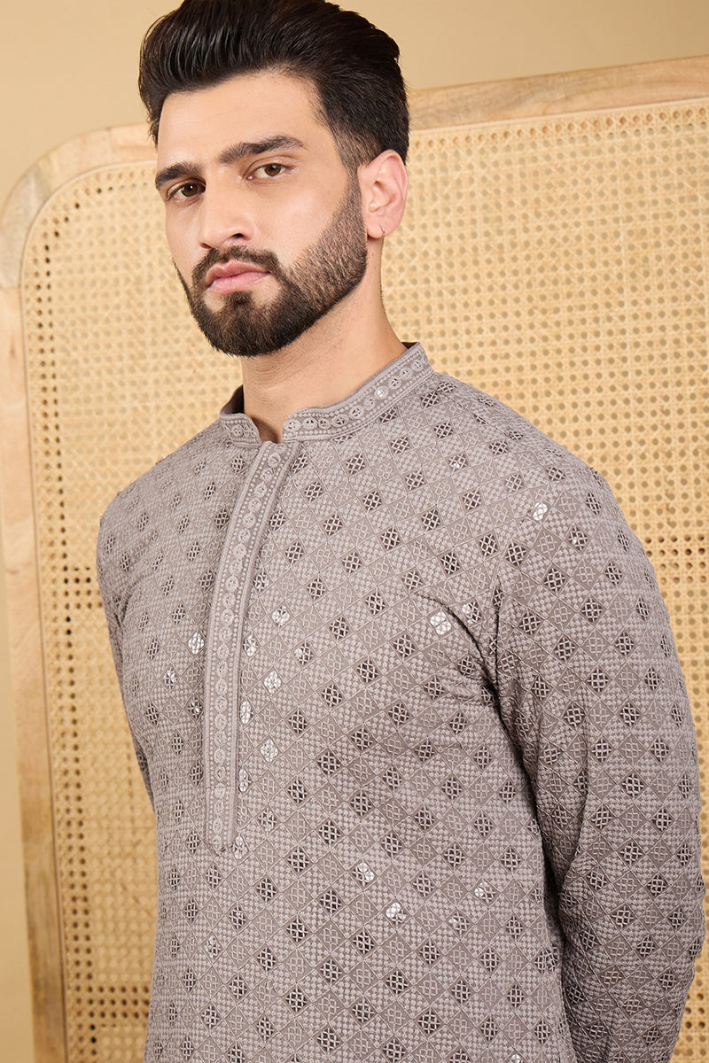 Grey Viscose Rayon Solid Embroidered Straight Kurta with Trouser MKSET1049