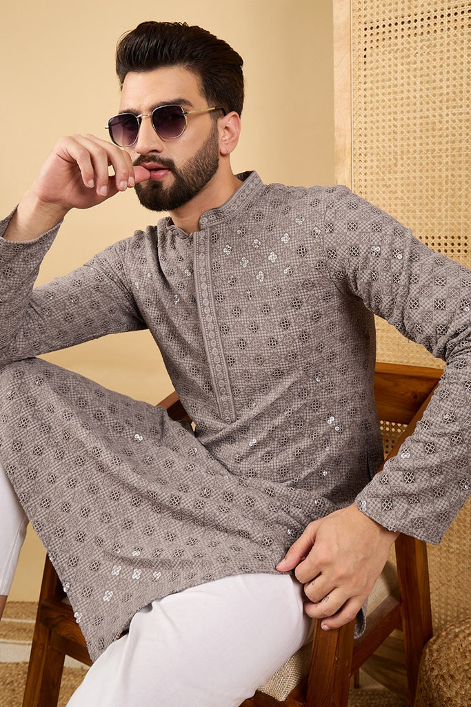 Grey Viscose Rayon Solid Embroidered Straight Kurta with Trouser MKSET1049