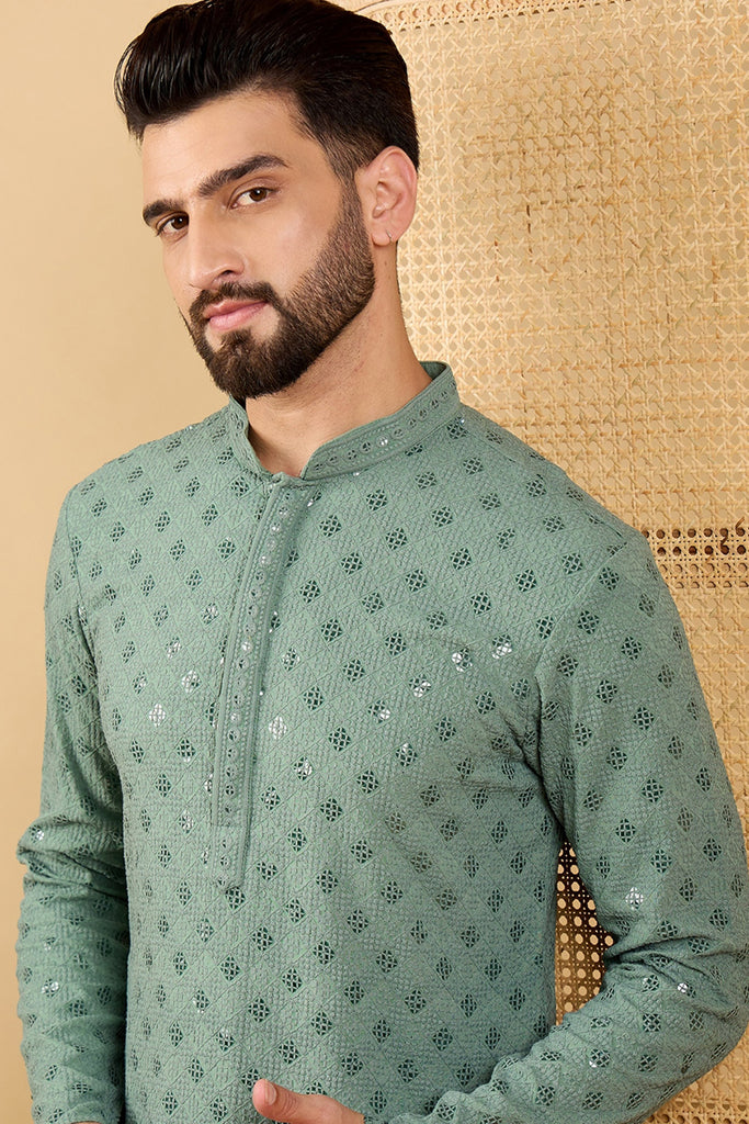 Ethnic Bay Green Viscose Rayon Solid Embroidered Straight Chikankari Kurta MKU1050