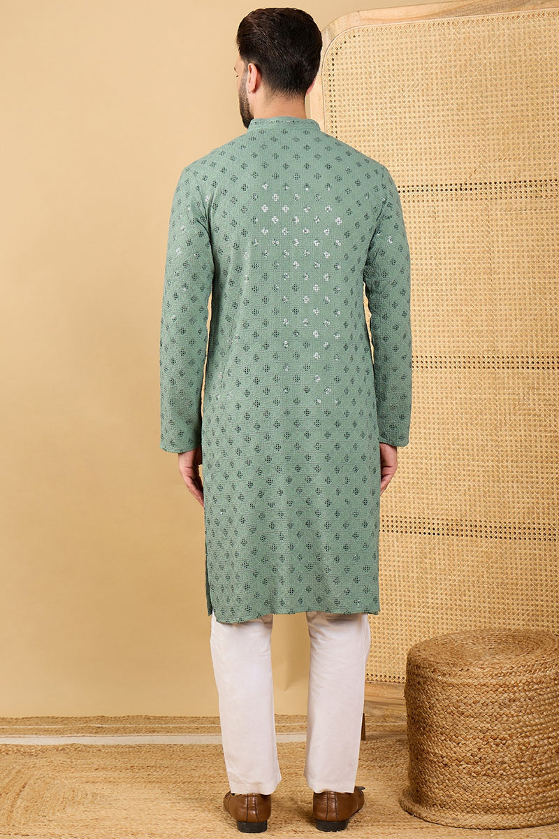 Ethnic Bay Green Viscose Rayon Solid Embroidered Straight Chikankari Kurta MKU1050