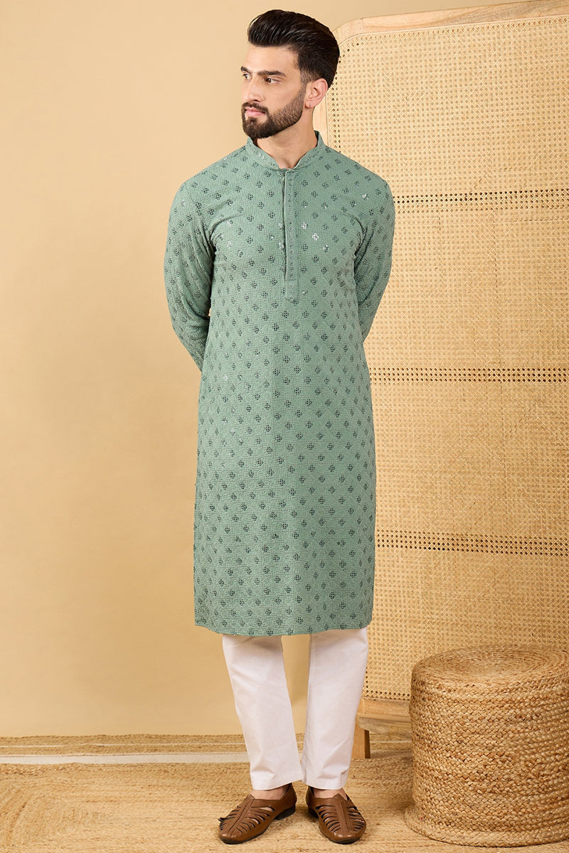 Ethnic Bay Green Viscose Rayon Solid Embroidered Straight Chikankari Kurta MKU1050